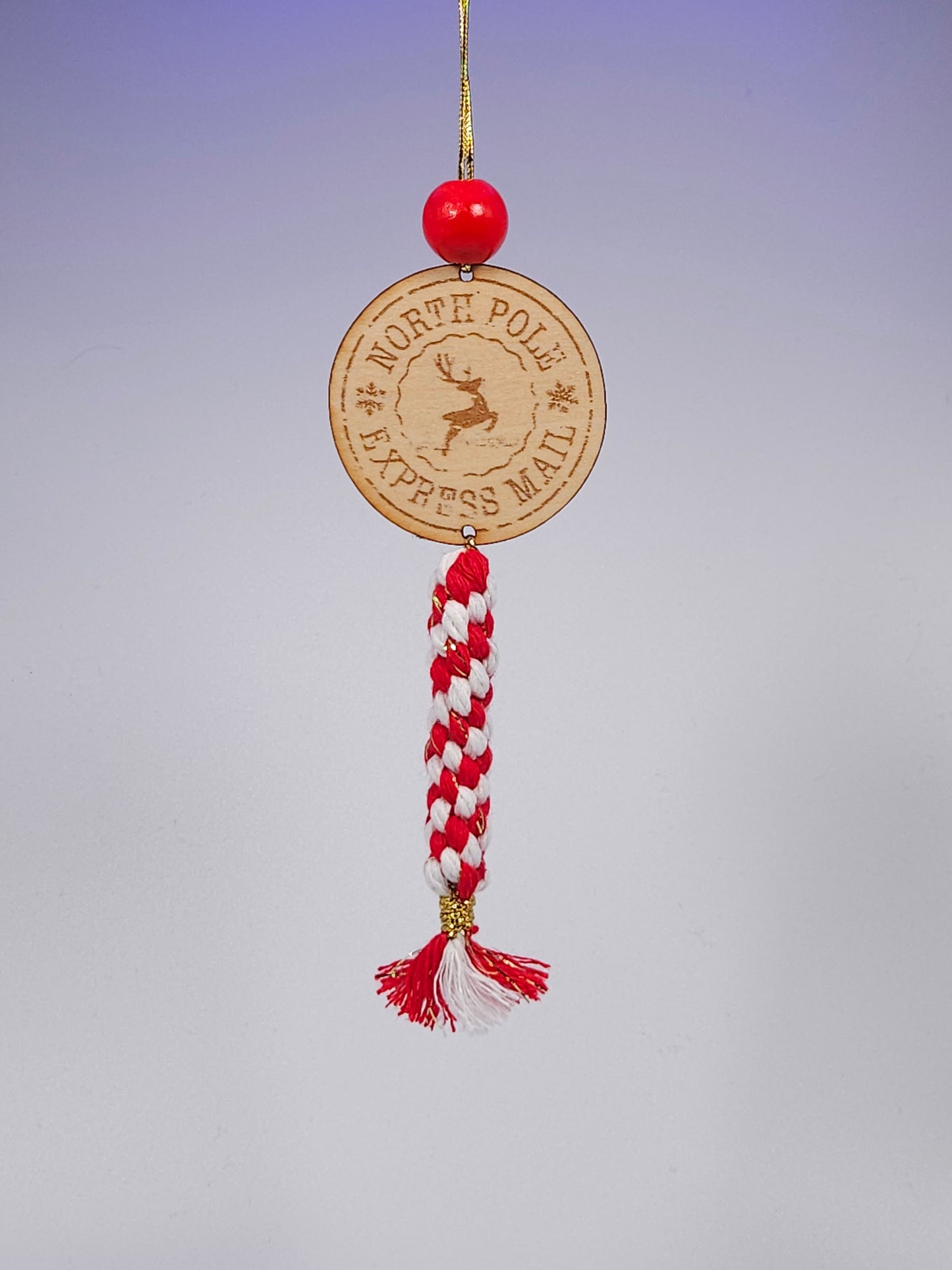 North Pole Express – Handmade Wooden Reindeer Tassel Ornament | Red & White Braided Christmas Decoration