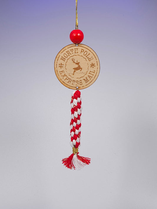 North Pole Express – Handmade Wooden Reindeer Tassel Ornament | Red & White Braided Christmas Decoration